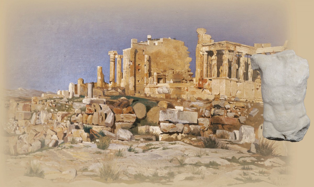 Φωτογραφική σύνθεση της ελαιογραφίας του Josef Theodor Hansen που απεικονίζει το Ερεχθείο, 1881 (Βιβλιοθήκη της Βουλής των Ελλήνων αρ.κατ.337) και του μαρμάρινου ανδρικού κορμού που αποδίδεται στη ζωφόρο του ίδιου μνημείου (αρ.κατ. ΕΑΜ Γ 15485).