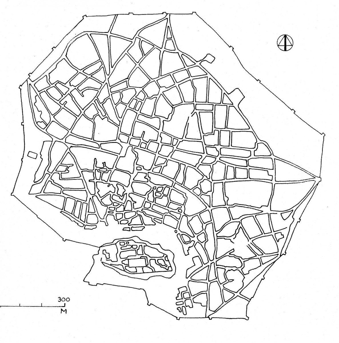 Εικ. 1. Η Αθήνα κατά τον 18ο αιώνα και στις αρχές του 19ου, περιτριγυρισμένη από το τείχος της. Όλα τα δημόσια κτήρια ήταν συγκεντρωμένα στην πυκνοκατοικημένη ζώνη αμέσως στα βόρεια της Ακρόπολης (σχέδιο Δ. Ρουμπιέν, σύμφωνα με διάφορες ιστορικές πηγές).