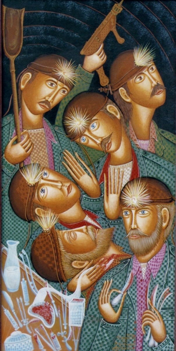 Γιάννης Μητράκας. Σειρά Λιγνιτωρύχων: Ο θάνατος του λιγνιτωρύχου (Ποίηση: 2014 χρώματα αυγού σε καμβά 125x62 εκ.).