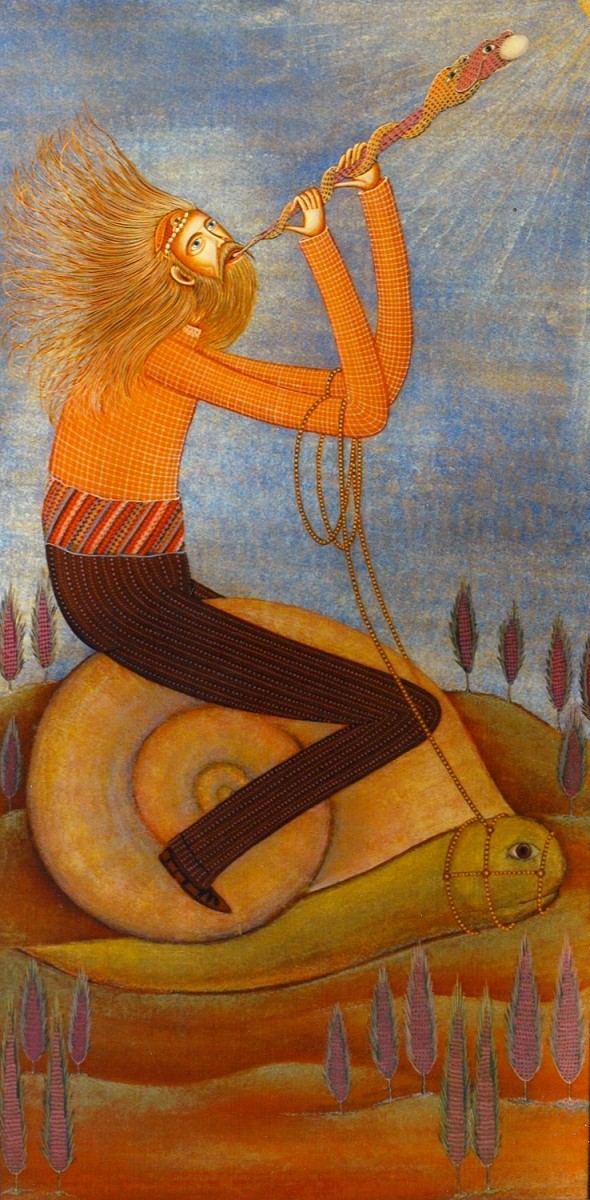 Γιάννης Μητράκας. Ορφέας ο μέγας μύστης σαλιγκοκαβαλάρης (Ποίηση: 2010 χρώματα αυγού σε καμβά 263x138 εκ.).