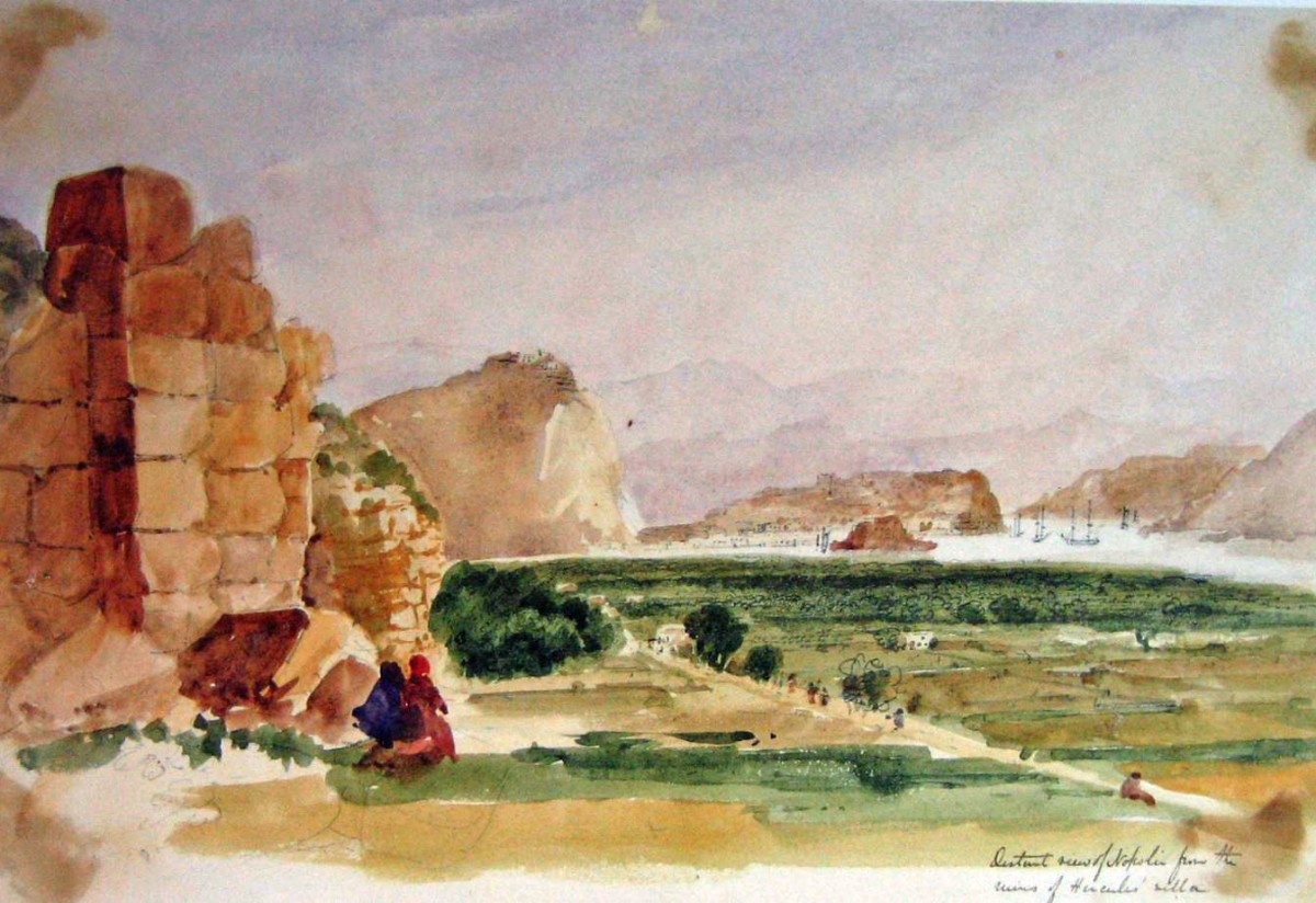 Εικ. 4. Αφίσα «Άποψη Ναυπλίου». Σε πρώτο πλάνο τα κυκλώπεια τείχη της Τίρυνθας. Αντίγραφο. Συλλογή ΠΛΙ. Πωλητήριο Πελοποννησιακού Λαογραφικού Ιδρύματος.