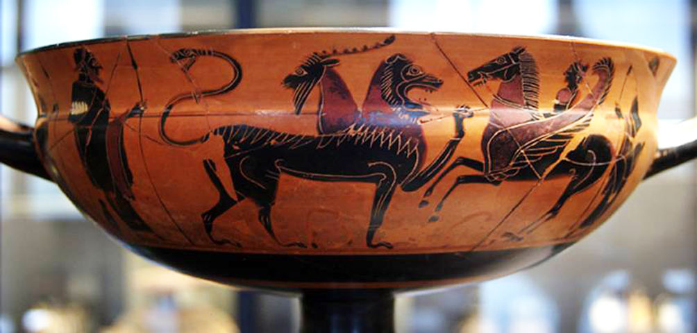 Εικ. 1. Ο Βελλεροφόντης, ο Πήγασος και η μάχη με τη Χίμαιρα. Αττικό μελανόμορφo αγγείο, 560-550 π.Χ., από την Κάμειρο. Αποδίδεται στον Ζωγράφο της Χαϊδελβέργης. Μουσείο του Λούβρου, Παρίσι.