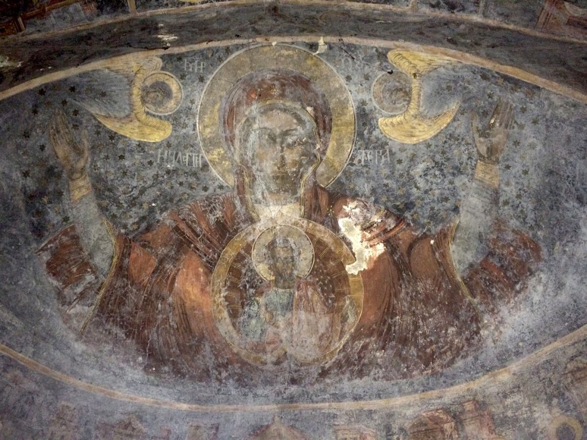 H «Πλατυτέρα», τοιχογραφία στο καθολικό της Μονής Παναγίας Κεχριάς στη Σκιάθο.