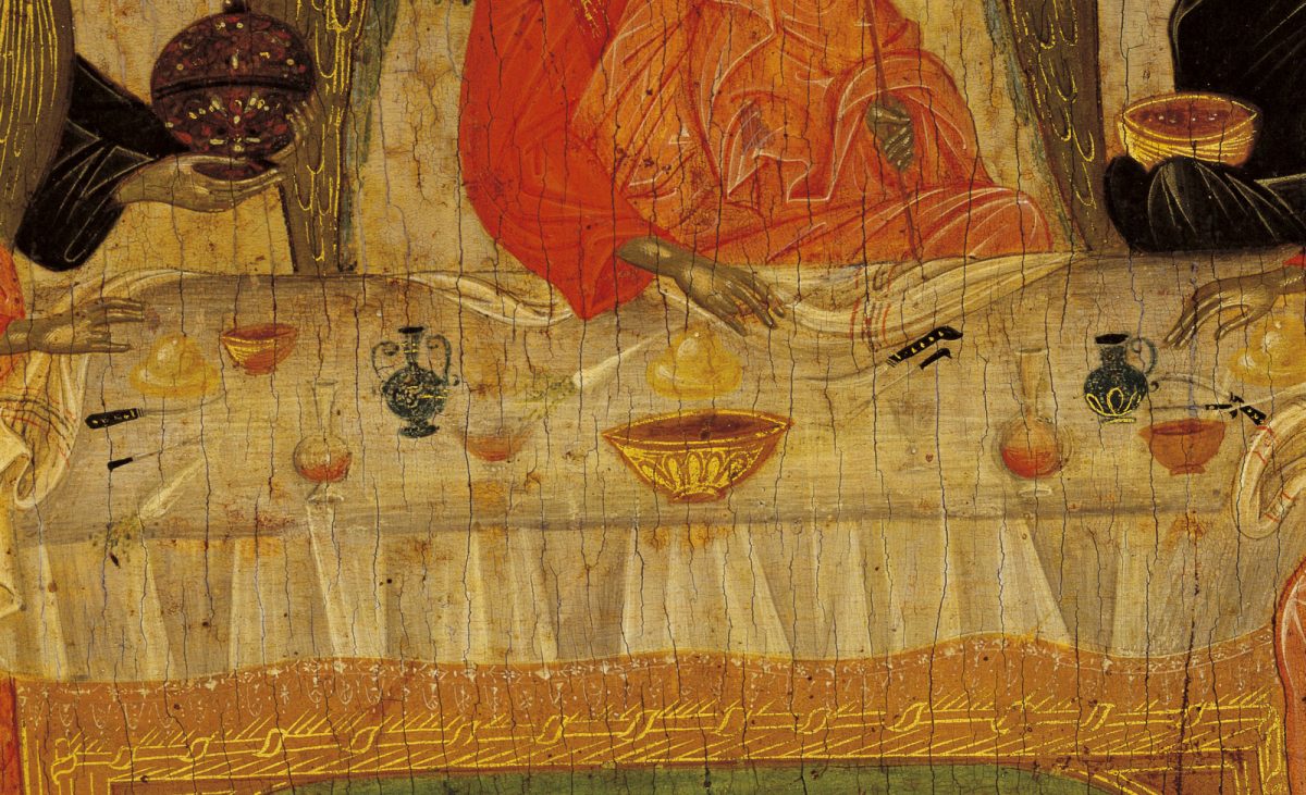 Η Φιλοξενία του Αβραάμ, μία θεολογικά πυκνή, συμβολική απόδοση της Αγίας Τριάδας, έδωσε την ευκαιρία στον καλλιτέχνη να ζωγραφίσει μπροστά στους αγγέλους ένα πλούσια στρωμένο, πολυτελές τραπέζι. Πάνω στο λευκό τραπεζομάντιλο, δίπλα στα σκεύη του φαγητού, ραπανάκια για την όρεξη και ζεύγη μαχαιροπίρουνων, όπως αρμόζει σε υψηλούς προσκεκλημένους. Μουσείο Μπενάκη, αρ. ευρ. 2973.