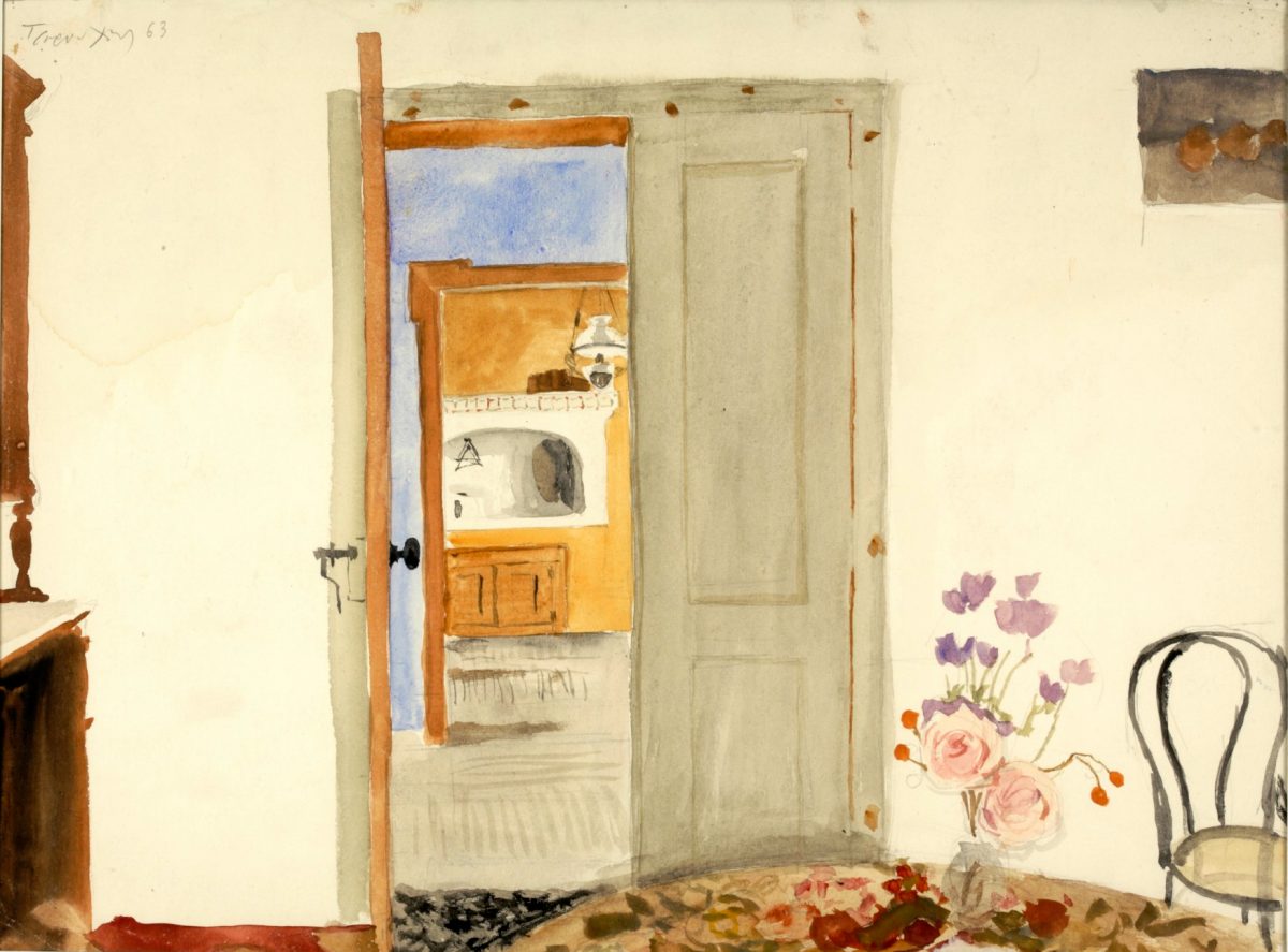 Γιάννης Τσαρούχης, το εσωτερικό του σπιτιού του Teriade στη Μυτιλήνη, 1963. Νερομπογιά σε χαρτί, 26x34,5 εκ. Ίδρυμα Γιάννη Τσαρούχη, αρ. ευρ. 110. 