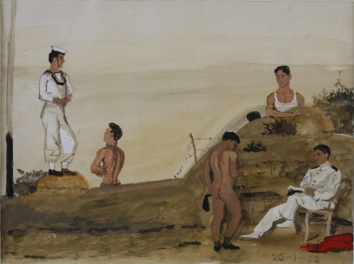 Γιάννης Τσαρούχης, «Μικρή πλαζ», 1962. Νερομπογιά σε χαρτί, 22,5x30,5 εκ. Ίδρυμα Γιάννη Τσαρούχη, αρ. ευρ. 1153.