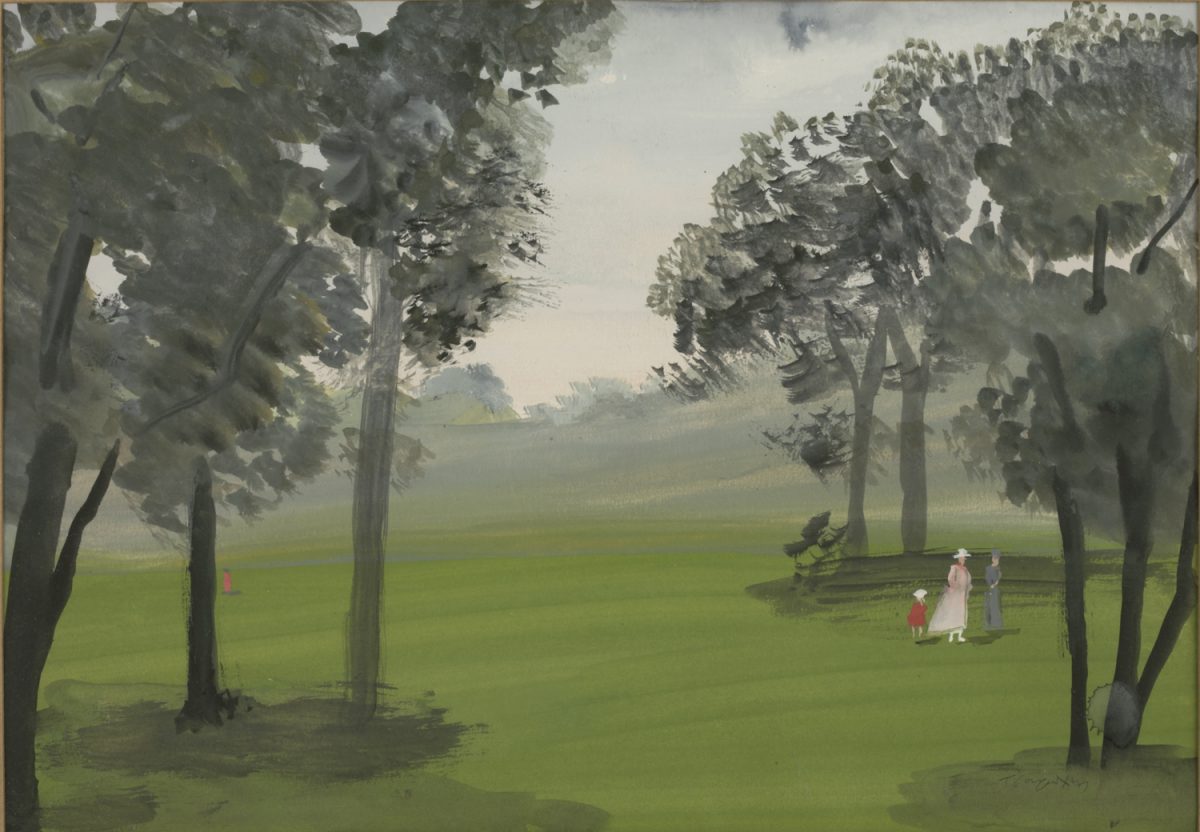 Γιάννης Τσαρούχης, «Φιγούρες με παλιές φορεσιές στο Hyde Park», 1951. Νερομπογιά σε χαρτί, 23,5x33,9 εκ. Ίδρυμα Γιάννη Τσαρούχη, αρ. ευρ. 3018. Δωρεά Θεοδώρας Βλαστού-Δραγούμη. 