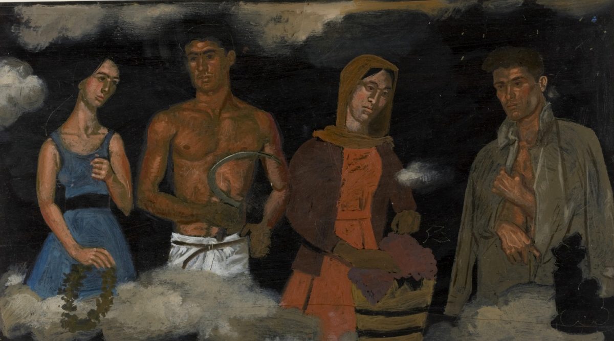 Γιάννης Τσαρούχης, Σπουδή για τις «Τέσσερις εποχές πάνω στα σύννεφα», 1967. Λάδι καπλαμάς, 27,5x49,5 εκ. Ίδρυμα Γιάννη Τσαρούχη, αρ. ευρ. 448.