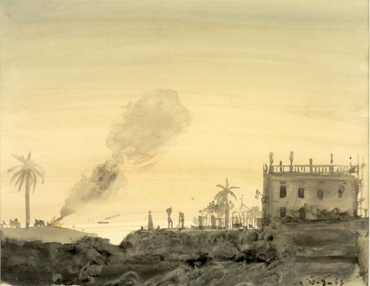 Γιάννης Τσαρούχης, «Φοίνικας και κτίριο νεοκλασικό (μετά το ηλιοβασίλεμα)», 1965. Νερομπογιά σε χαρτί, 24,5x31 εκ. Ίδρυμα Γιάννη Τσαρούχη, αρ. ευρ. 54.