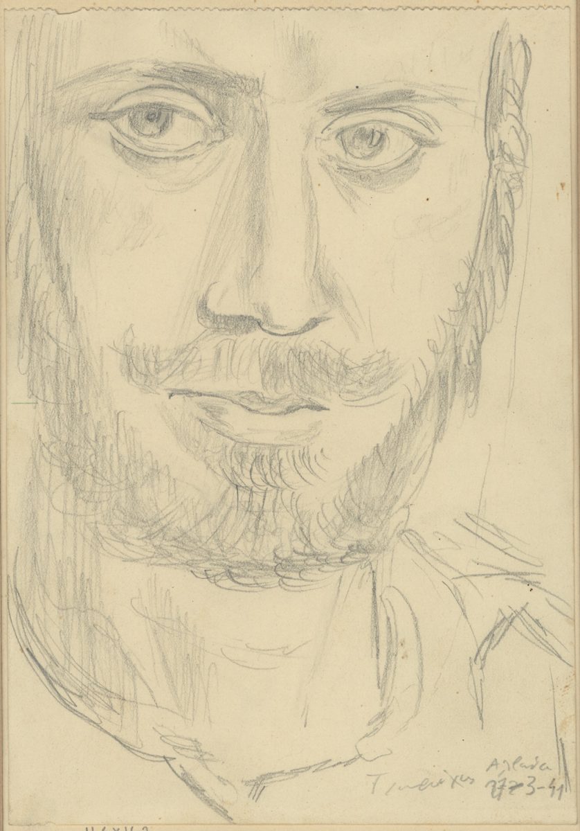 Γιάννης Τσαρούχης, αυτοπροσωπογραφία στο μέτωπο της Αλβανίας, 1941. Μολύβι σε χαρτί, 16,8x11,6 εκ. Ίδρυμα Γιάννη Τσαρούχη, αρ. ευρ. 790.