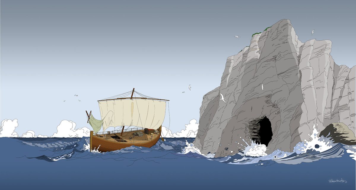 Αναπαράσταση του πλοίου που ναυάγησε στα Αντικύθηρα. Σχέδιο: Αλέξανδρος Τούρτας, καταδυόμενος αρχαιολόγος, μέλος της ομάδας που ερευνά το ναυάγιο, υπ. Δρ. ΑΠΘ.