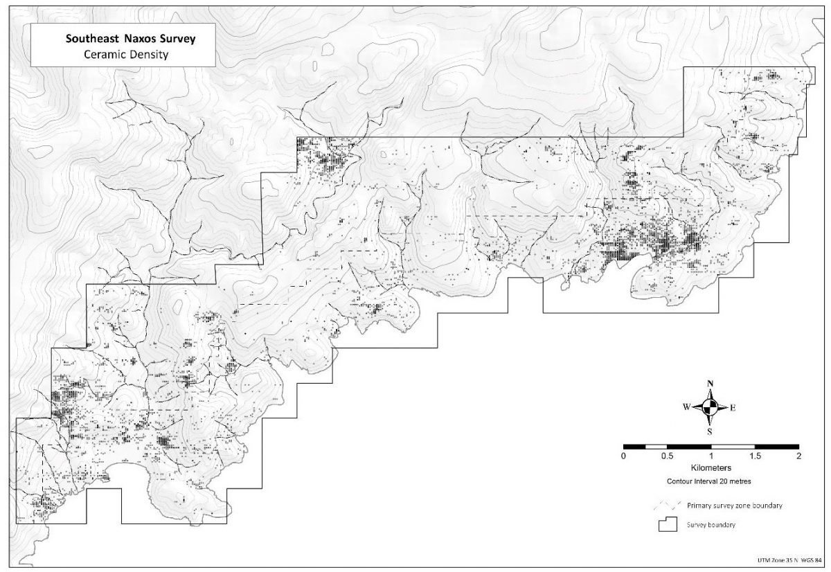 Η έρευνα επιφανείας της Νοτιοανατολικής Νάξου: H πυκνότητα της κεραμικής σε όλες
τις περιόδους.
