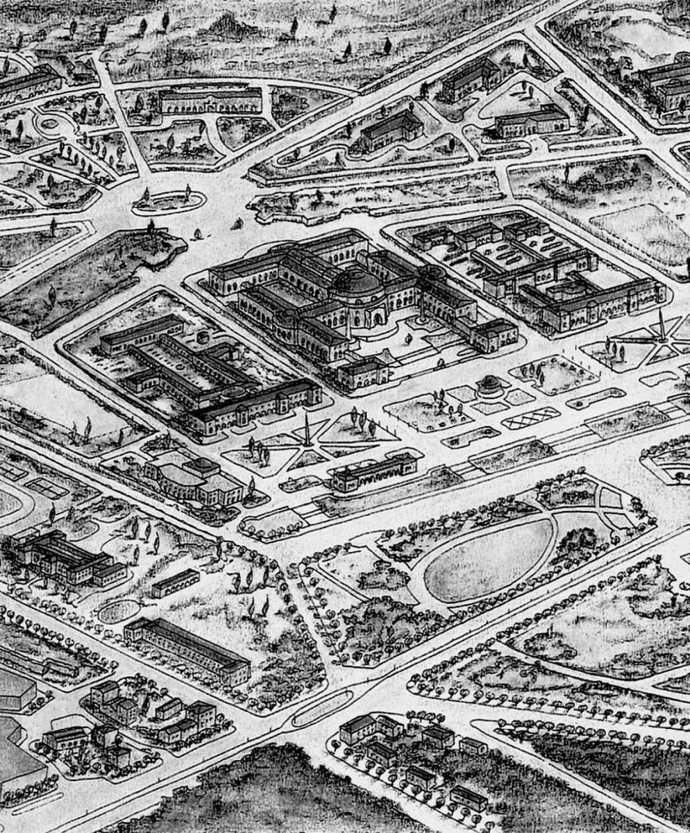 Λεπτομέρεια από το προοπτικό του δευτέρου σχεδίου του Ε. Εμπράρ για την Πανεπιστημιούπολη Θεσσαλονίκης, 1929-30. Αρχείο Α. Καραδήμου-Γερόλυμπου και Α. Βιτοπούλου.