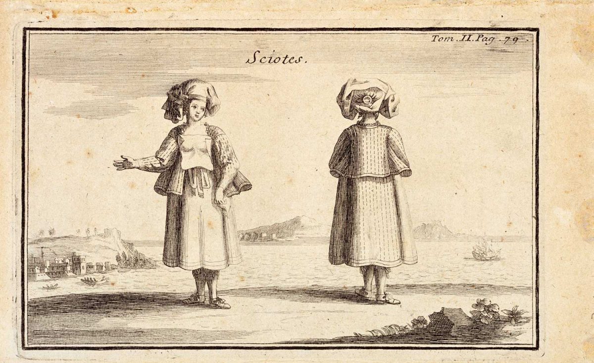 «Γυναίκες της Χίου». Χαλκογραφία σε χαρτί, όπως εκδόθηκε. 10x15,8 εκ., 8ο. Επιγραφές: «Sciotes./ Tom. II. Pag. 79». Καλλιτέχνης: Claude Aubriet. Χαράκτης: άγνωστος. Από την έκδοση: Voyage du Levant, Lyon, 1717 ή 1727. Μουσείο Μπενάκη, αρ. ευρ. 40661. © 2017, Μουσείο Μπενάκη, Αθήνα.