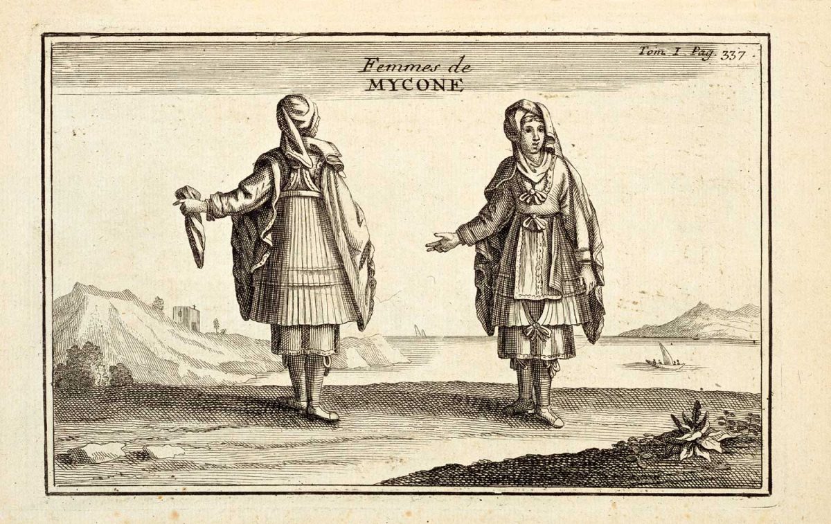 «Γυναίκες της Μυκόνου». Χαλκογραφία σε χαρτί, όπως εκδόθηκε. 10x15,8 εκ., 8ο. Επιγραφές: «Femmes de Mycone/ Tom. I. Pag. 337». Καλλιτέχνης: Claude Aubriet. Χαράκτης: άγνωστος. Από την έκδοση: Voyage du Levant, Lyon, 1717 ή 1727. Μουσείο Μπενάκη, αρ. ευρ. 40770. © 2017, Μουσείο Μπενάκη, Αθήνα.