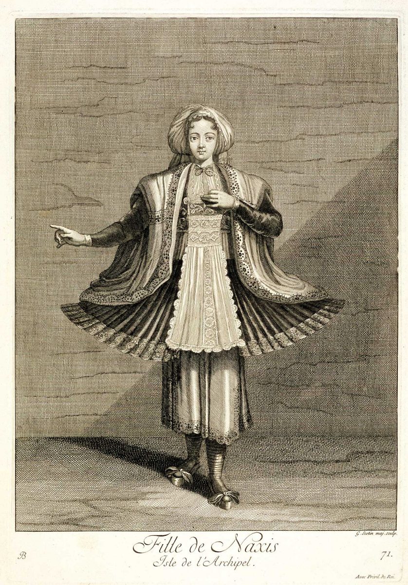 «Νεαρή της Νάξου». Χαλκογραφία σε χαρτί, όπως εκδόθηκε. 35,6x24,8 εκ. Επιγραφές: «Fille de Naxis Isle de l'Archipel./ JB/ 71./ G. Scotin maj. sculp./ Avec Privil. du Roi». Καλλιτέχνης: J. B. van Mour, υπογεγραμμένο με το μονόγραμμά του JB. Χαράκτης: G. Scotin. Από την έκδοση: Usi e costume di tutti i popoli dell’ universo, Milano, Borroni @ Scotti, 1856. 
Μουσείο Μπενάκη, αρ. ευρ. 40996. © 2017, Μουσείο Μπενάκη, Αθήνα.