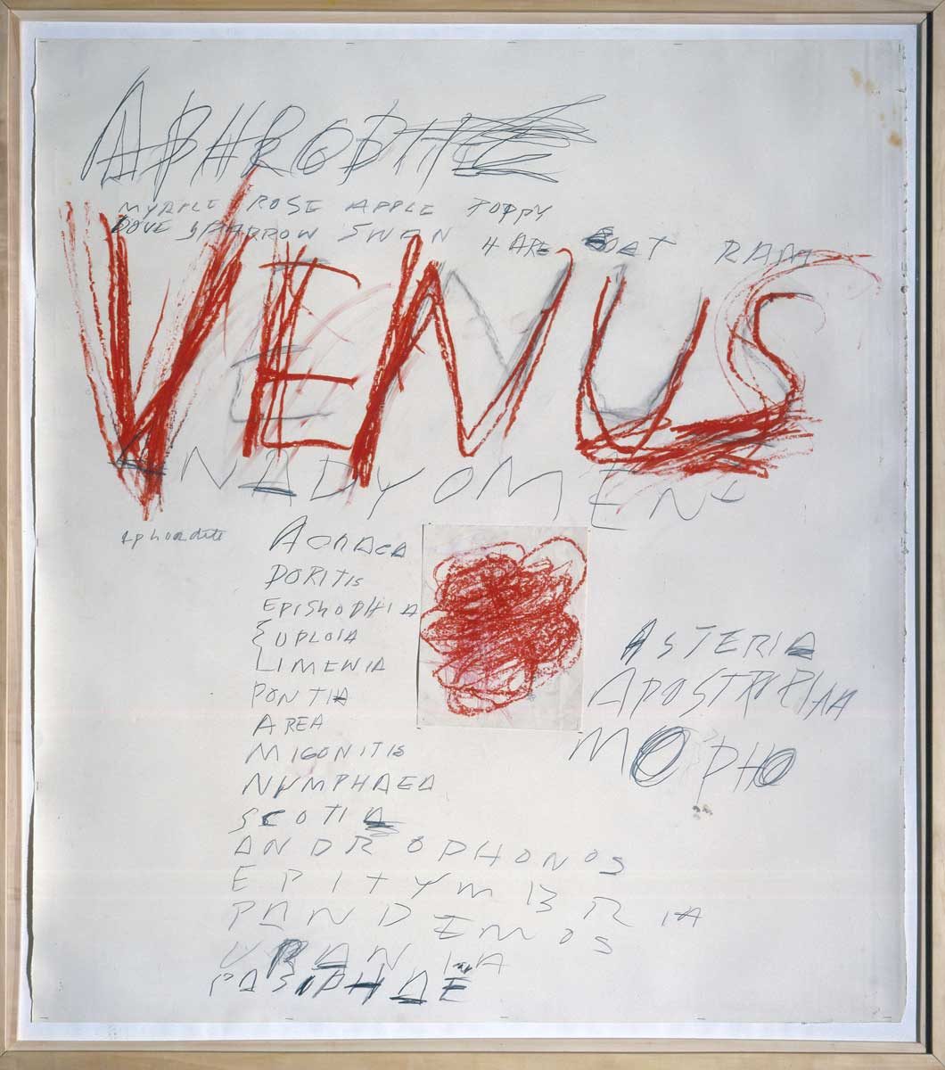 «Αφροδίτη», 1975. Λάδι, στικ λαδιού, γραφίτης και κολάζ σε χαρτί. 150,8x137 εκ. Cy Twombly Foundation. Φωτ.: © Ευγενική παραχώρηση Cy Twombly Foundation.