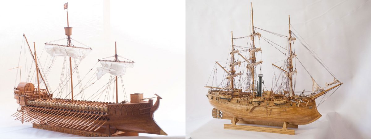 Η έκθεση «Σαν Καλοτάξιδο Σκαρί» παρουσιάζει 23 μοναδικά ομοιώματα πλοίων που κατασκεύασε ο Παναγιώτης Σοφικίτης.
Στην φωτογραφία απεικονίζεται (αριστερά) ένας Δρόμωνας και (δεξιά) ένας Θωρακοδρόμωνας.
