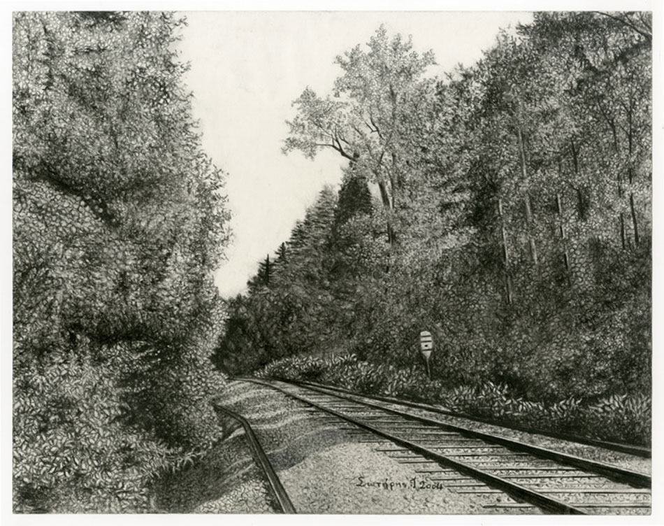 Έργο του Σωτήρη Ιατρίδη. Γραμμές τρένου, Chapel Hill, Βόρεια Καρολίνα, 2004, κάρβουνο, 28x35,5 εκ.
