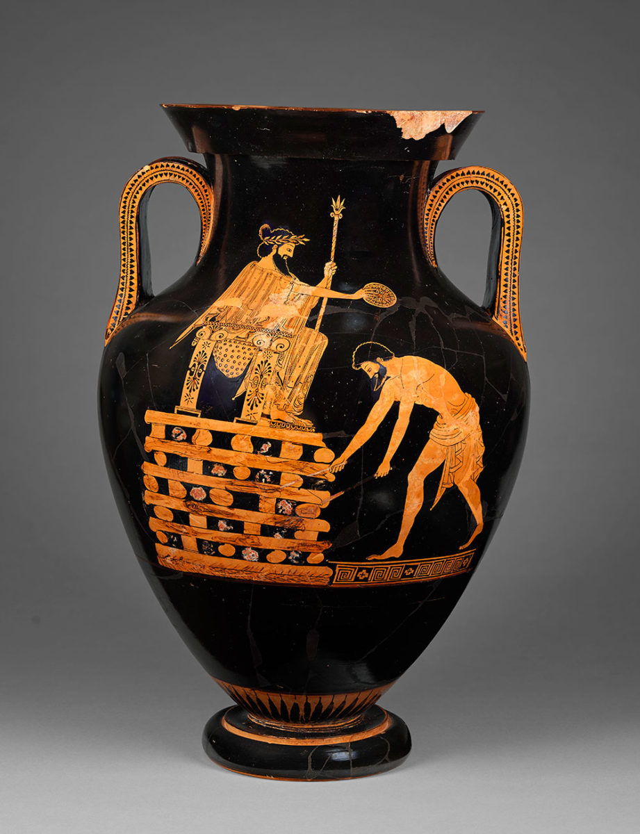 Αττικός ερυθρόμορφος αμφορέας που έχει αποδοθεί στον αγγειογράφο Μύσωνα. Εικονίζεται ο βασιλιάς Κροίσος ένθρονος πάνω σε ταφική πυρά καθώς κάνει σπονδή. 500–490 π.Χ. © Παρίσι, Μουσείο Λούβρου (φωτογρ. Tony Querrec).