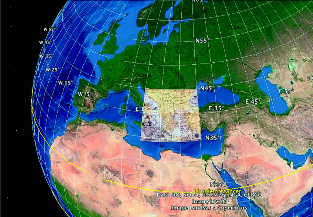 Το γεωγραφικό παράθυρο της Χάρτας του Ρήγα Βελεστινλή προσαρμοσμένο κατάλληλα στο αντίστοιχο πλέγμα μεσημβρινών και παραλλήλων μιας σύγχρονης απεικόνισης Google Earth. Φωτ.: Τελλόγλειο Ίδρυμα ΑΠΘ.
