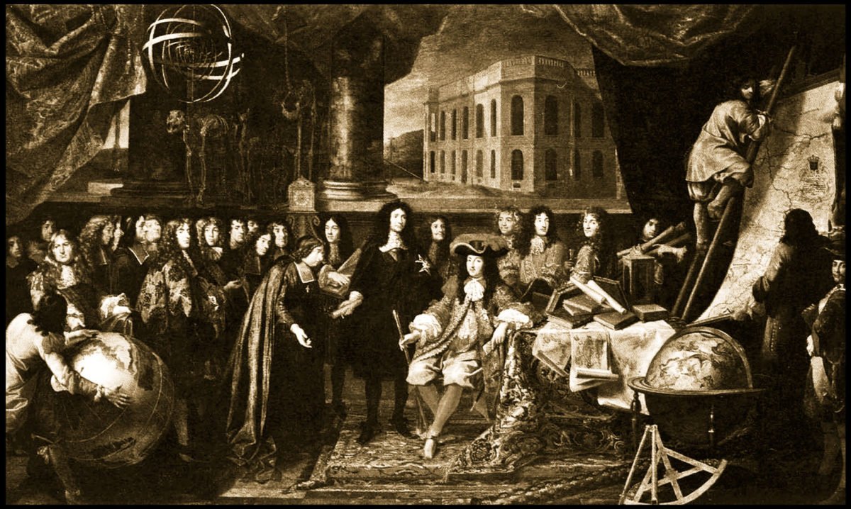 Ο Colbert παρουσιάζει στον Λουδοβίκο ΙΔ' τους σοφούς της Ακαδημίας Επιστημών το 1667. Κυριαρχούν οι χάρτες, οι υδρόγειες σφαίρες και στο βάθος το Αστεροσκοπείο. Πίνακας (έγχρωμος) του Henri Testelin της περιόδου 1675-1680. Παλάτι των Βερσαλιών. Web Gallery of Art (φωτ.: ΑΠΕ-ΜΠΕ / Εργαστήριο Χαρτογραφίας και Γεωγραφικής Ανάλυσης του ΑΠΘ).