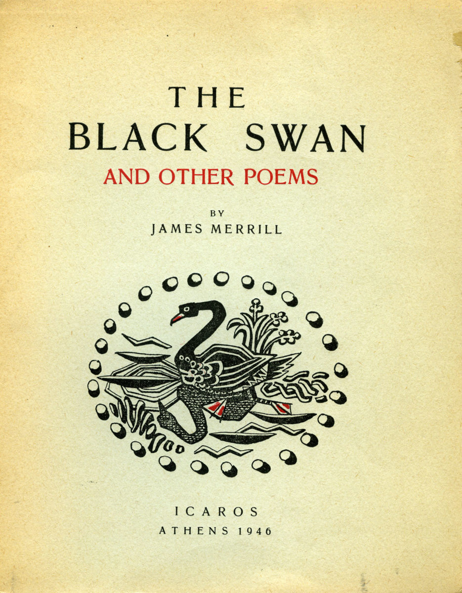 James Merrill, «The Black Swan and other Poems», εκδ. Ίκαρος, Αθήνα 1946. Εξώφυλλο του Ν. Χ. Γκίκα. Μουσείο Μπενάκη / Πινακοθήκη Γκίκα, Βιβλιοθήκη.