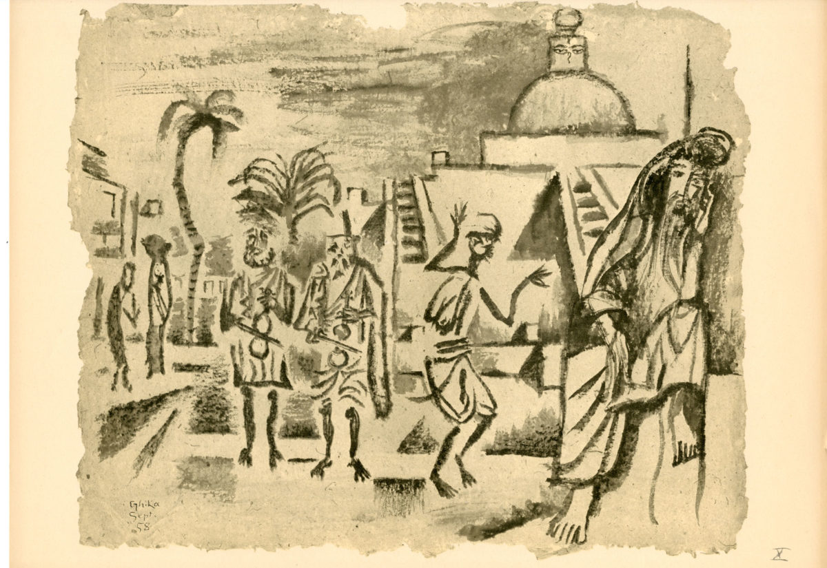 Νίκος Χατζηκυριάκος-Γκίκας, «Όργανα και χορός στο Κατμαντού», σχέδιο για το λεύκωμα «Ινδία», 1958. Σινική μελάνη σε χαρτί, 38x46 εκ. Μουσείο Μπενάκη / Πινακοθήκη Γκίκα. © 2018 Μουσείο Μπενάκη.