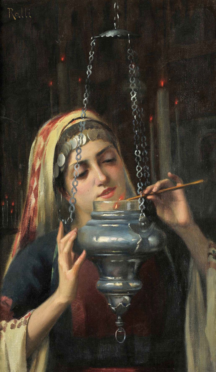 Θεόδωρος Ράλλης, «Εσωτερικό εκκλησίας ή Το άναμμα του καντηλιού». Λάδι σε μουσαμά, 35x22 εκ. Αθήνα, Εθνική Πινακοθήκη – Μουσείο Αλεξάνδρου Σούτζου. Kληροδότημα Θεόδωρου Ράλλη.