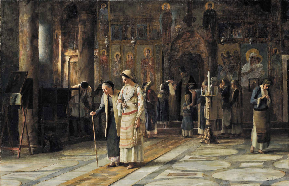 Θεόδωρος Ράλλης, «Το αντίδωρο». Λάδι σε μουσαμά, 66x100 εκ. Λευκωσία, Λεβέντειος Πινακοθήκη.