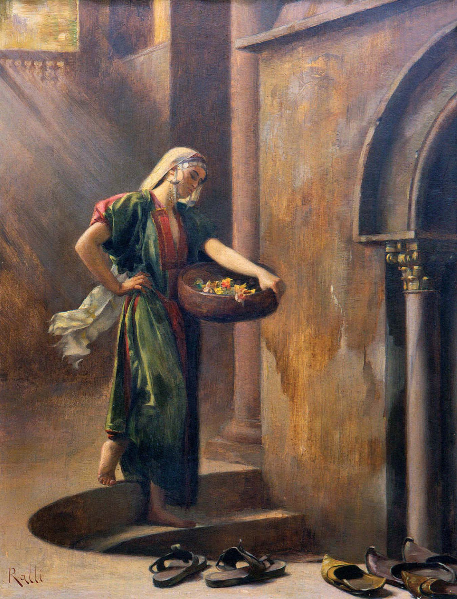 Θεόδωρος Ράλλης, «Γυναίκα από τη Βηθλεέμ κατεβαίνει στο Σπήλαιο της Γεννήσεως». Λάδι σε ξύλο, 35,5x26,5 εκ. Αθήνα, Μουσείο Μπενάκη.