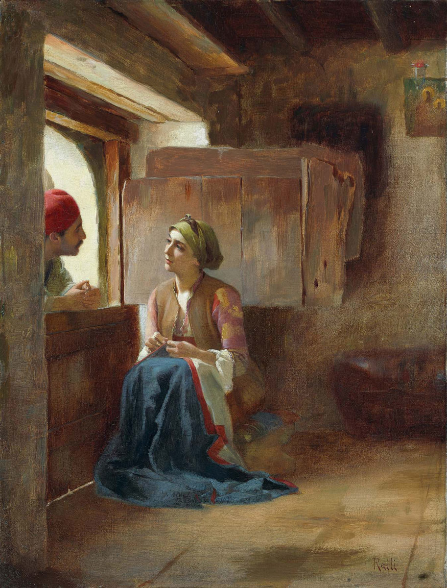 Θεόδωρος Ράλλης, «Φλερτ στα Mέγαρα». Λάδι σε μουσαμά, 37,5x25,5 εκ. Ιδιωτική συλλογή.