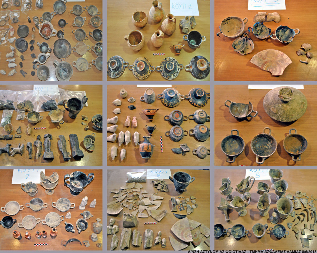 Μέρος των αρχαίων αντικειμένων που βρέθηκαν βόρεια του χωριού Μεγαπλάτανος Αταλάντης (φωτ.: Ελληνική Αστυνομία).