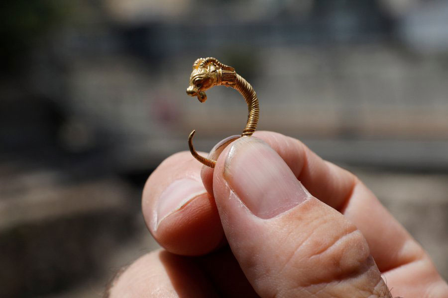 Το χρυσό ενώτιο (σκουλαρίκι) έχει μήκος 4 εκατοστά, είναι στρογγυλό και η άκρη του είναι διαμορφωμένη σε κεφαλή κερασφόρου ζώου, πιθανόν κριαριού.