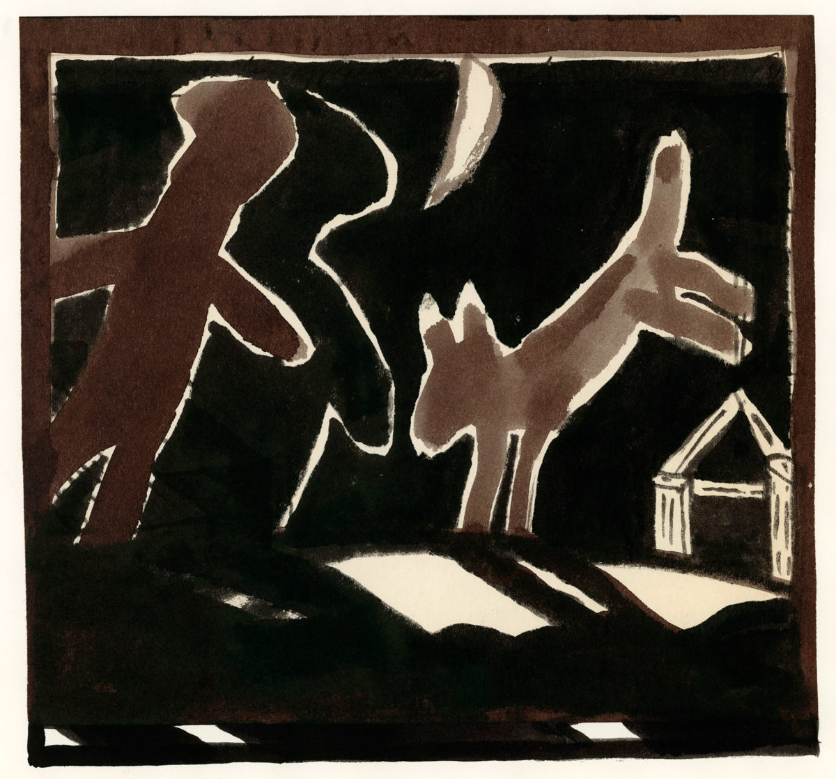 Νίκος Χουλιαράς, «Χωρίς τίτλο», περίπου 1991. Σινική μελάνη και υδρόχρωμα σε χαρτόνι κολλημένο σε χαρτί και επιζωγραφισμένο στις άκρες, 22x23,5 εκ. Συλλογή Σοφίας Χουλιαρά.