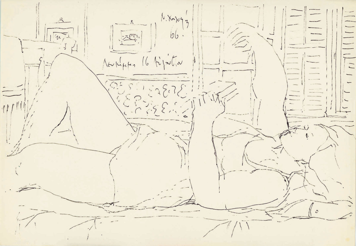 Νίκος Χουλιαράς, «Χωρίς τίτλο», 1966. Πενάκι σε χαρτί, 20,5x29,5 εκ. Συλλογή Σοφίας Χουλιαρά.