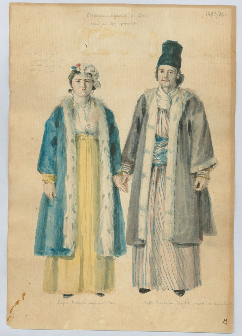 Ο Γεράσιμος Πιτζαμάνος μας άφησε απεικονίσεις ανθρώπων, φορεσιών, τοπίων και μνημείων από τα Επτάνησα και από την Οθωμανική Ελλάδα (πηγή εικόνας: Εθνικό Ιστορικό Μουσείο).
