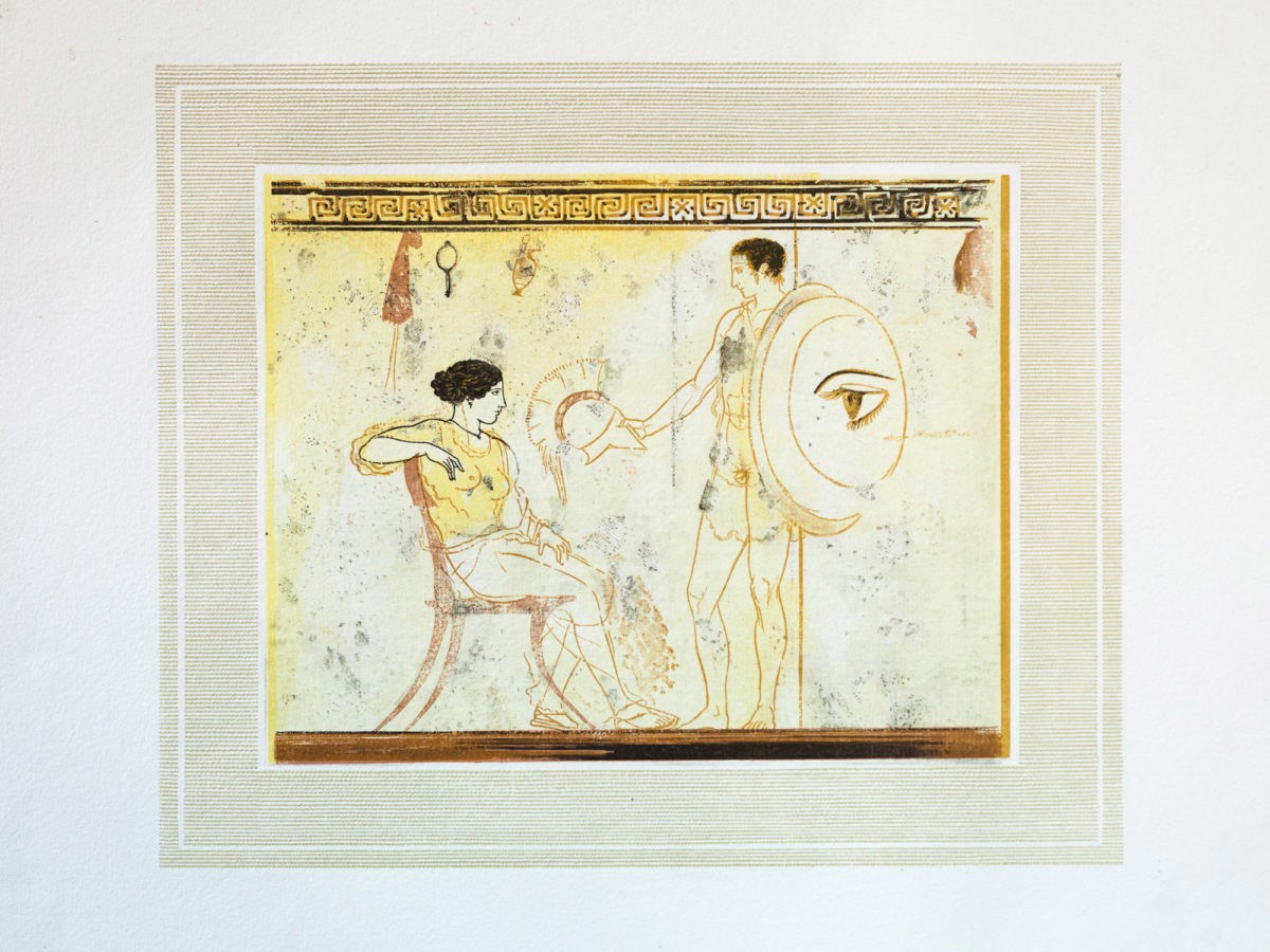 Χαρακτικό του Γιάννη Κεφαλληνού με τη λευκή λήκυθο Α1818, του λεγόμενου Ζωγράφου του Αχιλλέα (περ. 450 π.Χ.). Εικονίζεται αναχώρηση πολεμιστή. 