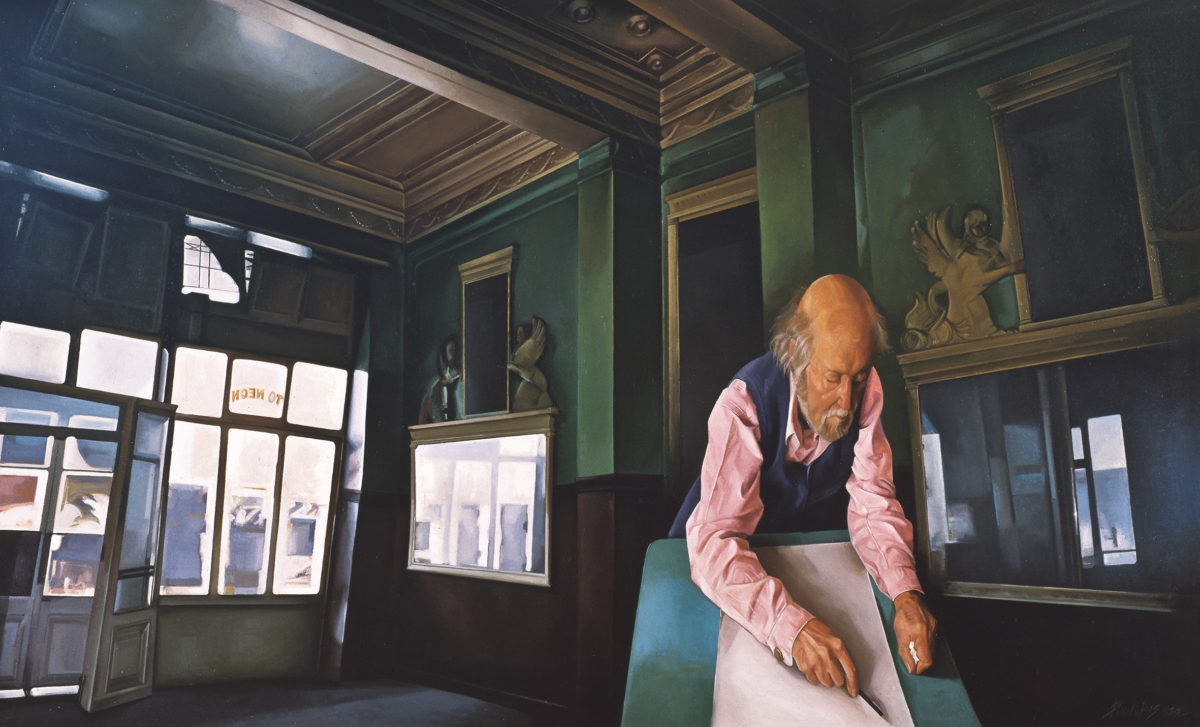 Δημοσθένης Σκουλάκης, «Ο Γιάννης Τσαρούχης στο καφενείο Το Νέον», 1989, λάδι σε καµβά, 120x200 εκ.