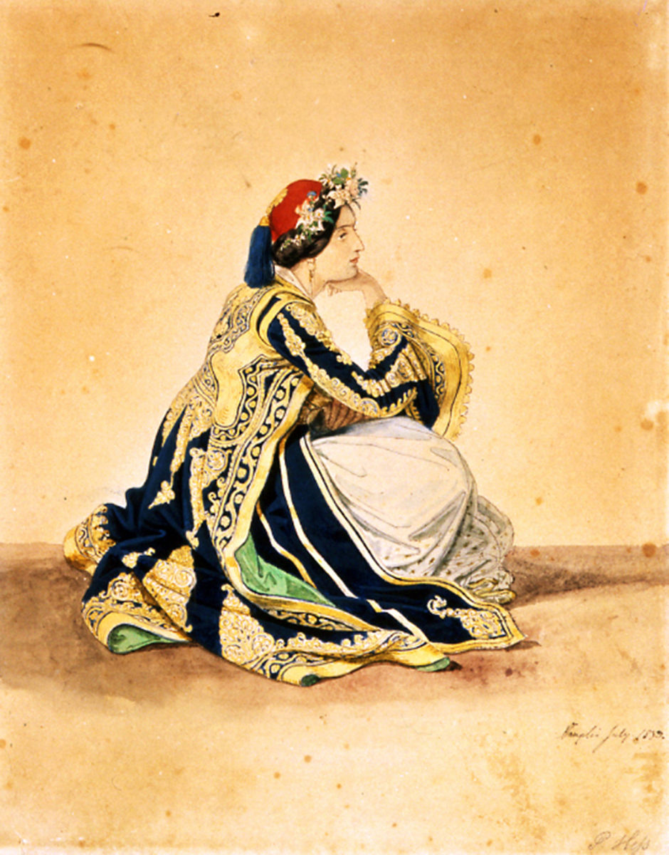 Ελληνίδα με τοπική ενδυμασία. Σπουδή για την καθιστή γυναίκα στον πίνακα του Peter von Hess, «The arrival of King Otto in Nauplia on February 6, 1833» («Η άφιξη του βασιλιά Όθωνα στο Ναύπλιο στις 6 Φεβρουαρίου 1833»), υδατογραφία και γκουάς σε χαρτί, 0,365x0,44 μ. Ιούλιος 1833. Πελοποννησιακό Λαογραφικό Ίδρυμα, Ναύπλιο (1996.14.4).