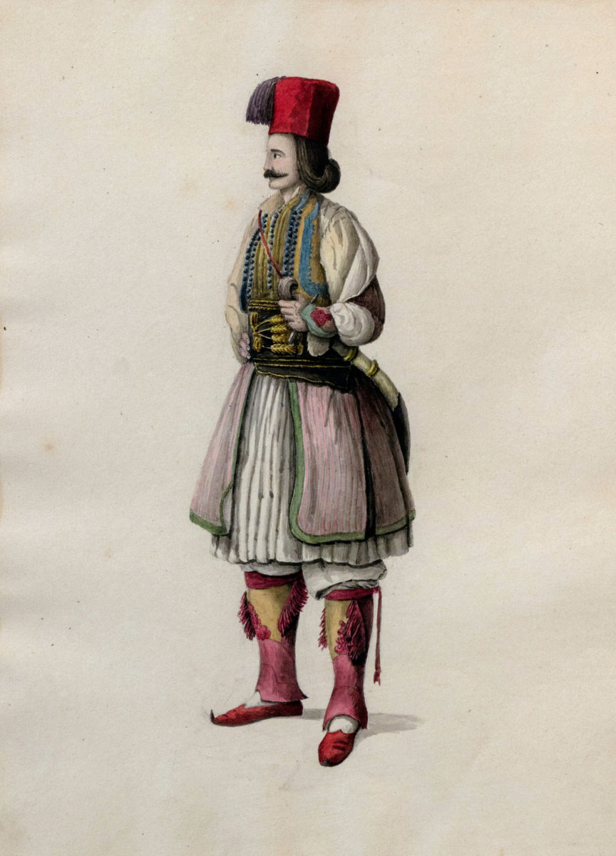 Άνδρας με «ντουλαμά» από την Πελοπόννησο, υδατογραφία και μολύβι, 0,295x0,20 μ. Δεκαετία 1830. Πελοποννησιακό Λαογραφικό Ίδρυμα, Ναύπλιο (2011.14.39).