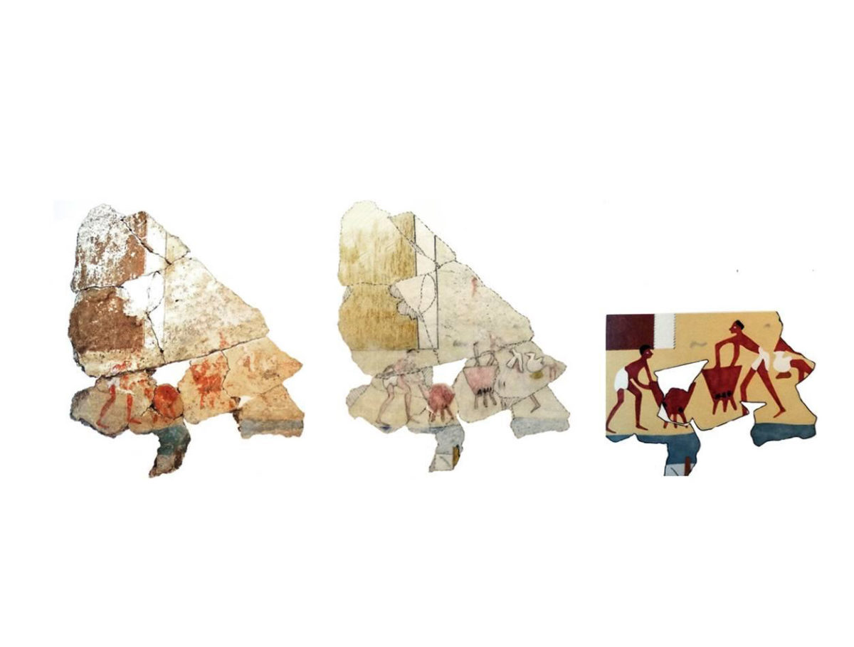 Κέα, Αγία Ειρήνη. ΥΚ Ι μικρογραφική ζωφόρος από τον βορειοανατολικό προμαχώνα. Λεπτομέρεια: απεικόνιση ανδρών που μεταφέρουν τριποδικά σκεύη.