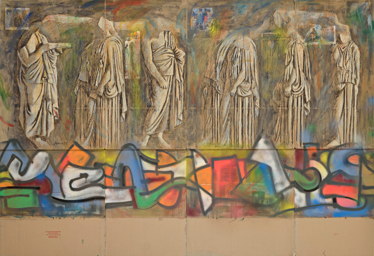 Παύλος Σάμιος, «Ακρόπολη, Μουσείο Λούβρου Ι», 2017, κάρβουνο, ακρυλικό σπρέι σε χαρτόνι, 163x280 εκ.