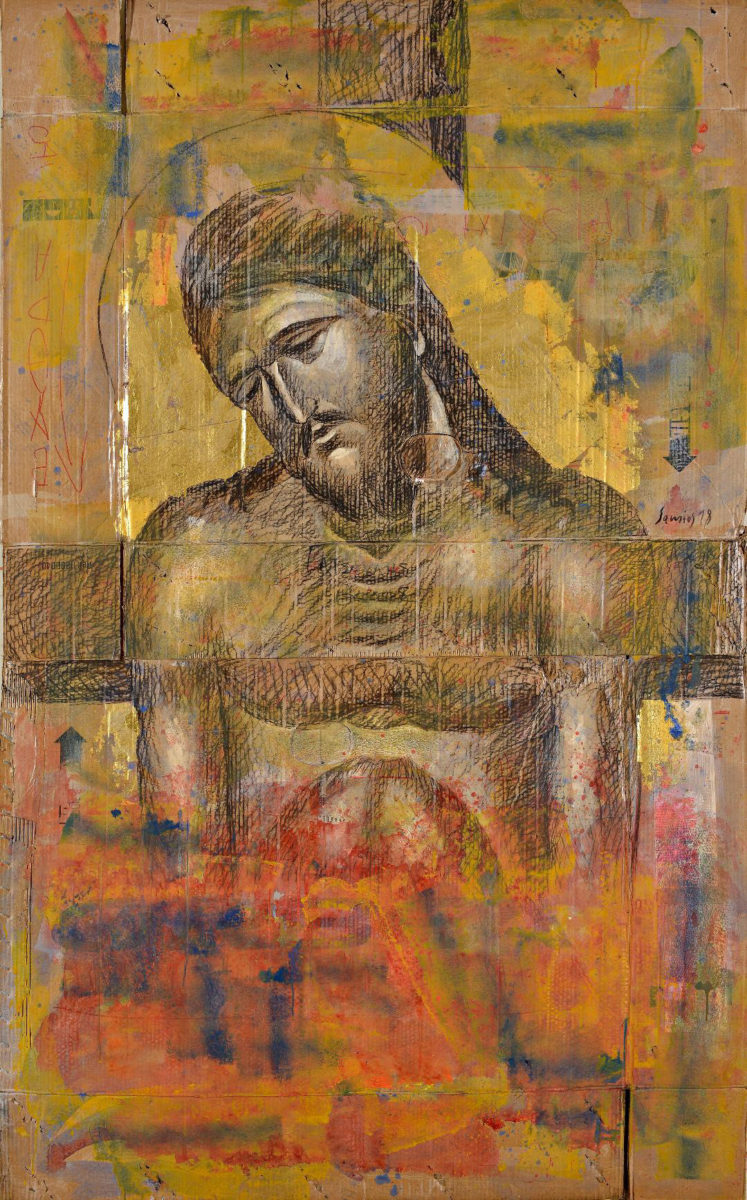 Παύλος Σάμιος, «Άκρα Ταπείνωση», κάρβουνο και ακρυλικό σε χαρτόνι με χρυσό.