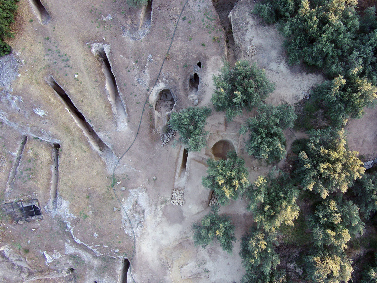 Αεροφωτογραφία με το δρόμο και το θάλαμο των δύο νέων, ασύλητων τάφων στο ανατολικό τμήμα του μυκηναϊκού νεκροταφείου στα Αηδόνια Νεμέας, καθώς και των τάφων της παλιάς ανασκαφής (φωτ.: Εφορεία Αρχαιοτήτων Κορινθίας).