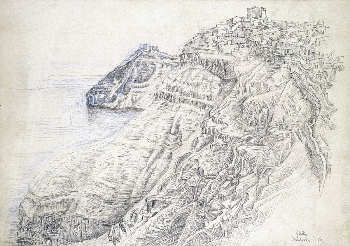 Νικόλαος Χατζηκυριάκος–Γκίκας, «Σαντορίνη», σχέδιο με στυλό διαρκείας και χρωματιστά μολύβια. Συλλογή Δημήτρη Τσίτουρα.