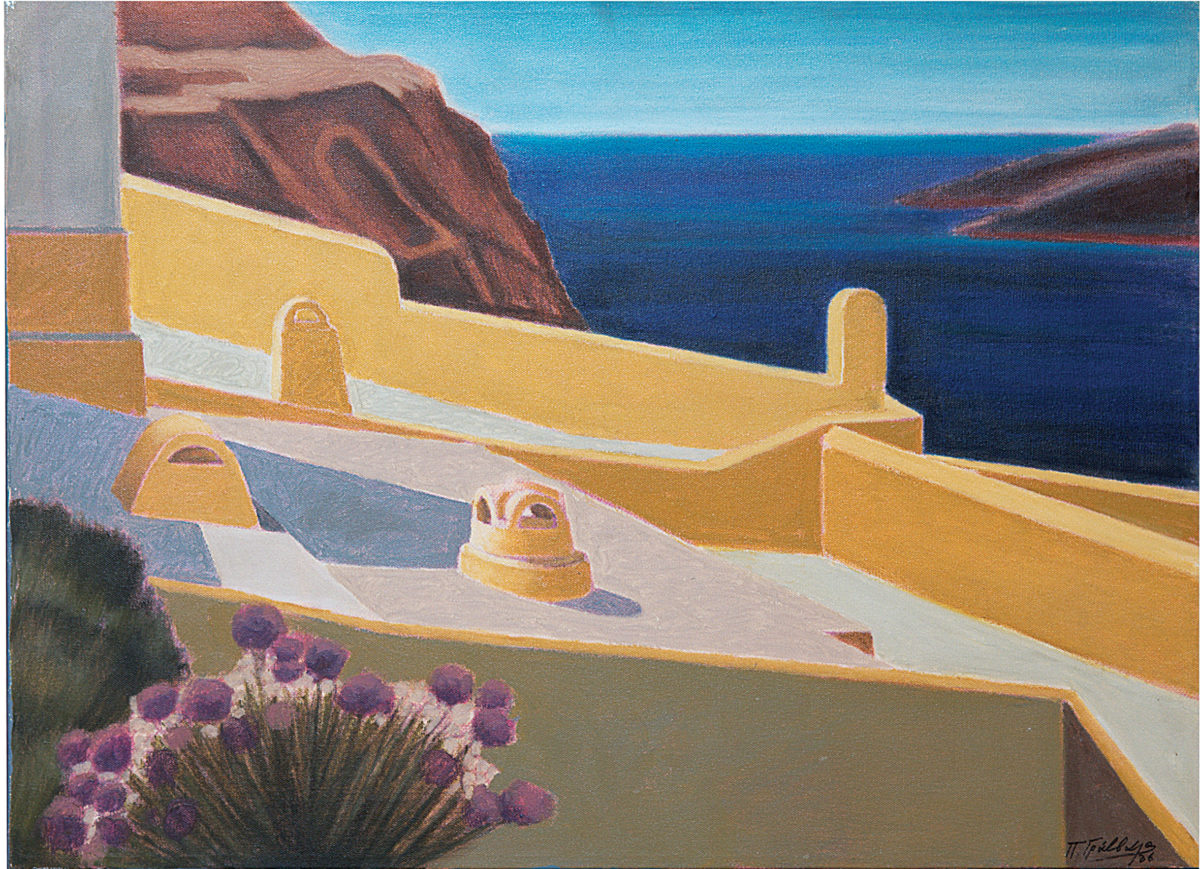 Παναγιώτης Γράββαλος, «Σπίτι με θέα», λάδι σε καμβά. Συλλογή Δημήτρη Τσίτουρα.