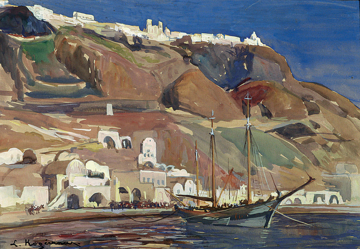 Λυκούργος Κογεβίνας, «Ο γιαλός των Φηρών», λάδι σε χαρτόνι. Συλλογή Δημήτρη Τσίτουρα.