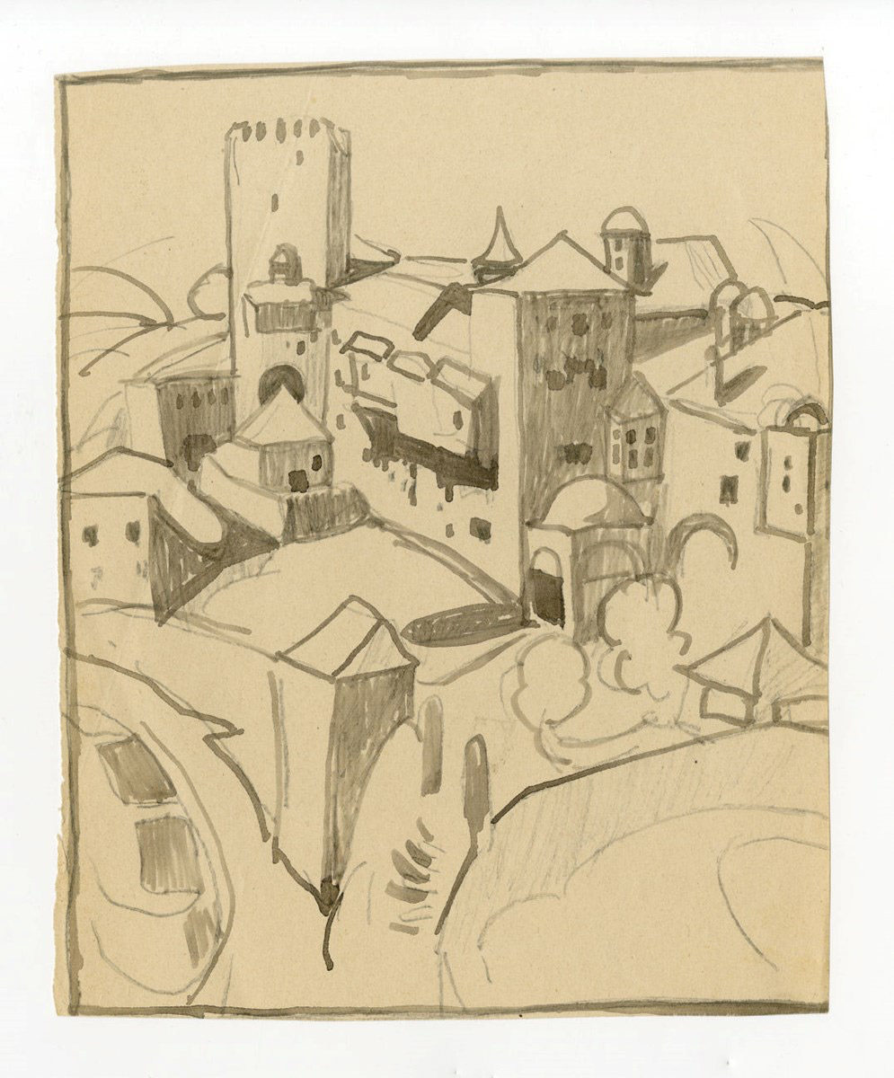 Σπύρος Παπαλουκάς, «Άγιον Όρος. Μονή Παντοκράτορος», 1923-1924. Μελάνι και μολύβι σε χαρτί, 18,8x15,2 εκ. (φωτ.: ΜΙΕΤ).