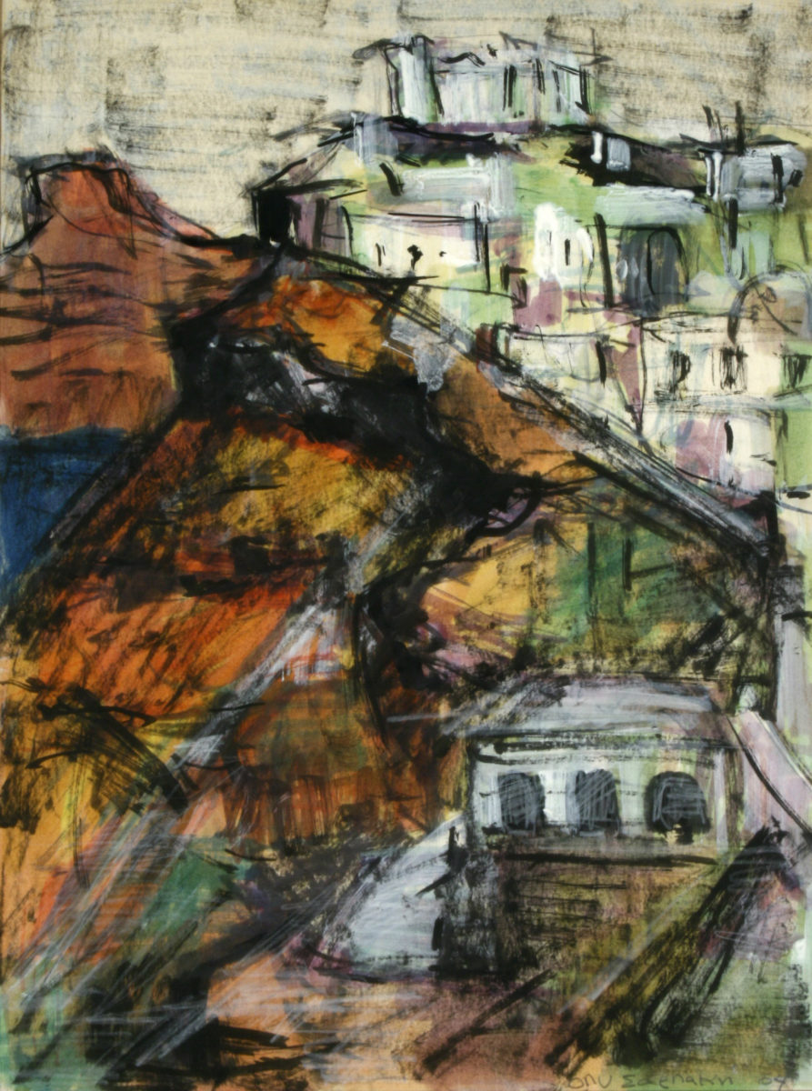 Όπυ Ζούνη, «Σαντορίνη», μικτή τεχνική. Συλλογή Δημήτρη Τσίτουρα.